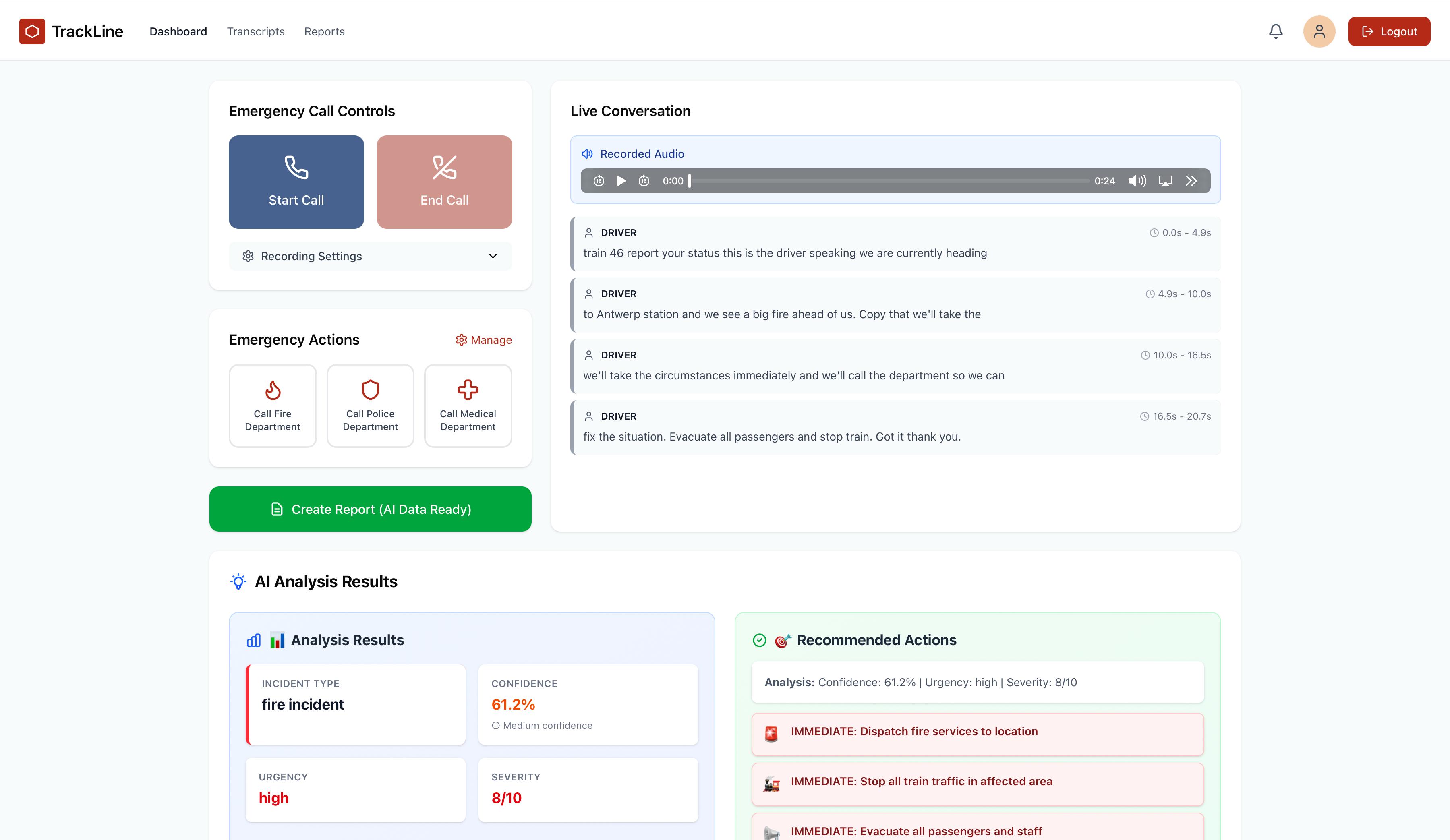 TrackLine dispatcher-facing live conversation screenshot
